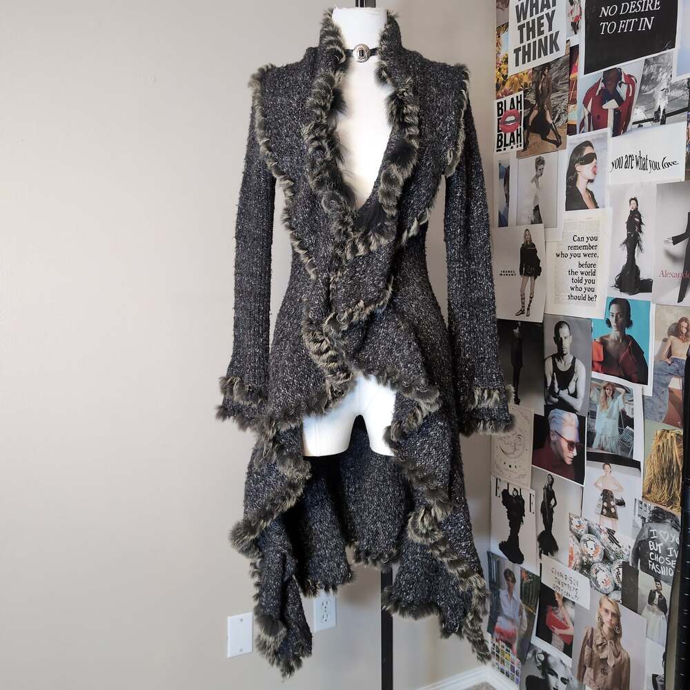 Knit Fur-Trim Ruffled Whimsygoth Duster Cardigan